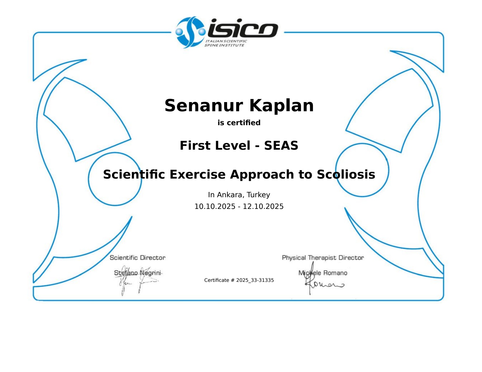 SEAS – Skolyoz için Bilimsel Egzersiz Yaklaşımı sertifikası (ISICO)